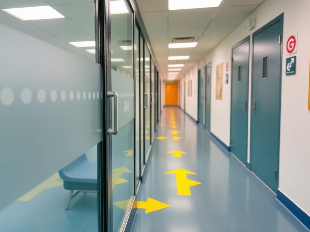 DDA manifestation dots on school glass doors with anti-slip floor arrows
